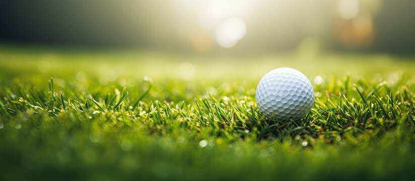 Golf ball on a sunlit green fairway